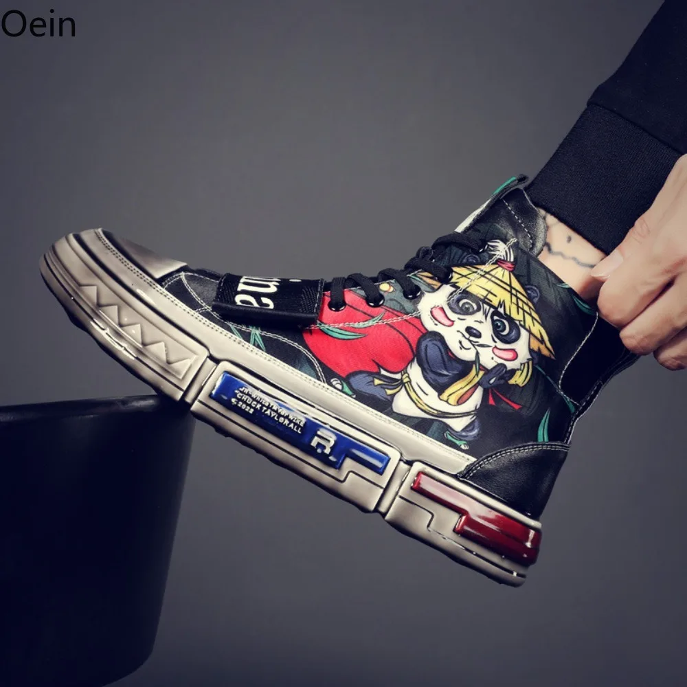 Mens Panda Chinese Lion Dance Printed Match Colors Sneakers Lace Up High Top Sport Flats Shoes Boys New 2023