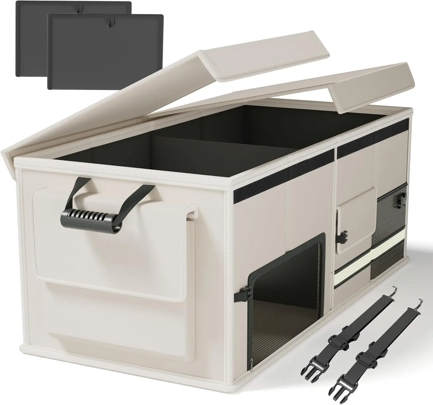 

Органайзер для багажника автомобиля с крышкой и противоскользящими ремнями, усиленной кожаной ручкой, 2 отделениями, подходит для седанов, внедорожников, грузовиков, 60 л