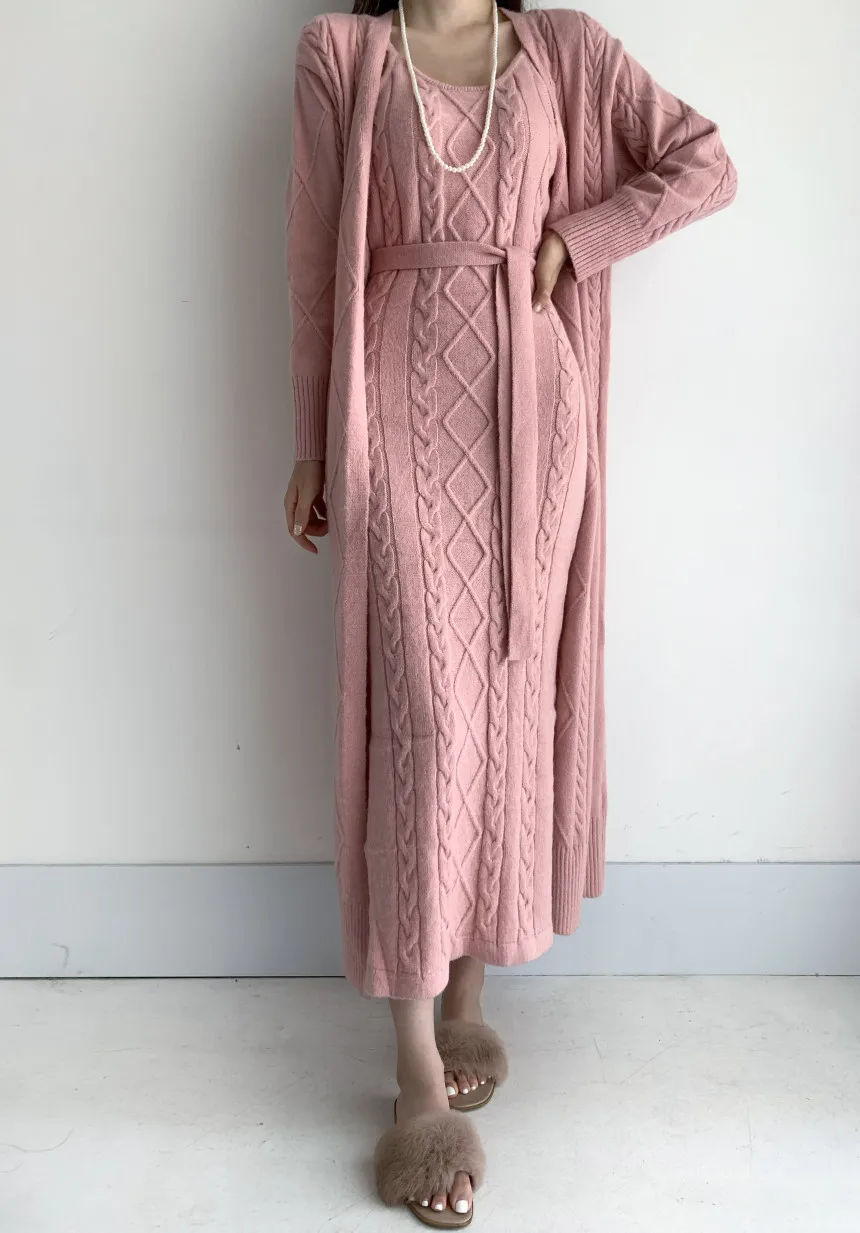 

Popular Elegant Belt Knitted Twist Two Piece Set Women Long Cardigan Sweater Coat + Spaghetti Strap Mid-Length Split Dress