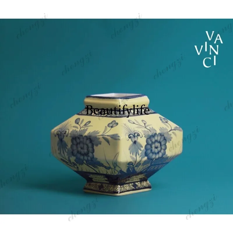 Retro blue and white porcelain vase ornament, living room study desktop decoration handicraft ornament