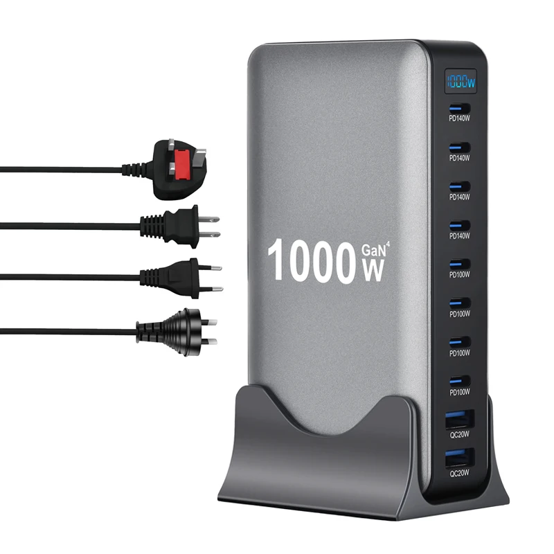 1000W 10 Ports GaN Desktop Adapter 140W PD Fast Charging for iPhone Samsung Laptop, 8USB-C & 2USB-A, Multi Port USB Hub Statio