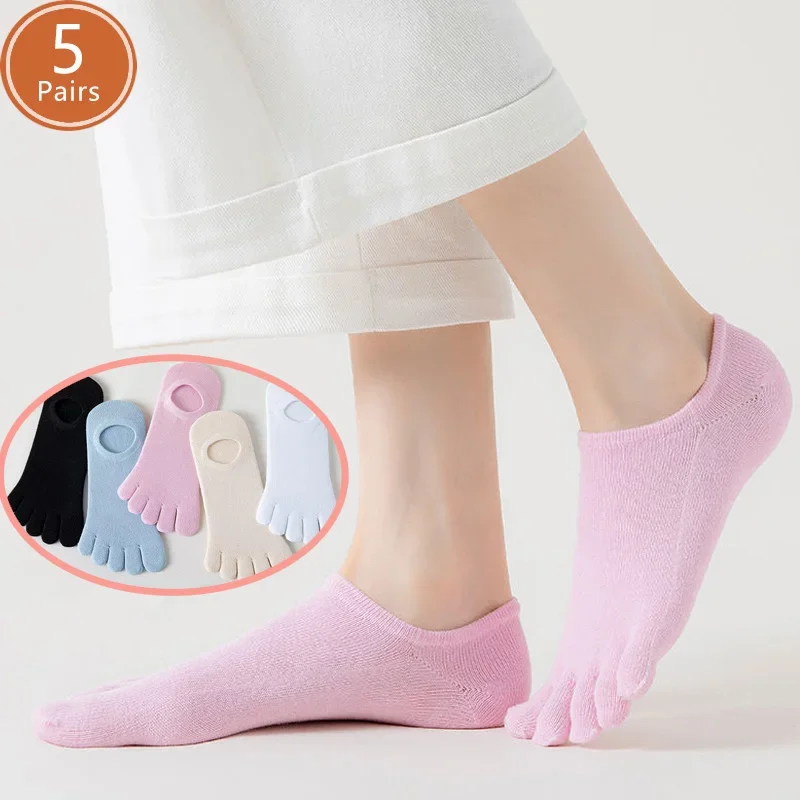 5 Paar Fünf-Zehen-Bootssocken, unsichtbar, für Damen und Mädchen, aus Baumwolle, einfarbig, flacher Schnitt, schweißabsorbierend, Knöchelsocken, No-Show-Zehensocken, Sommer
