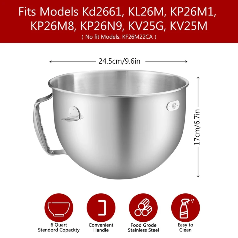 New Stainless Steel Bowl Compatible for KitchenAid 6 Quart Bowl-Lift Stand Mixer Stand Mixer,Dishwasher Safe