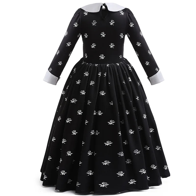 Halloween Children's Role Play Addams Black Long Sleeve Floral Dress Girls Carnival Masquerade Elegant Party Performance Costume