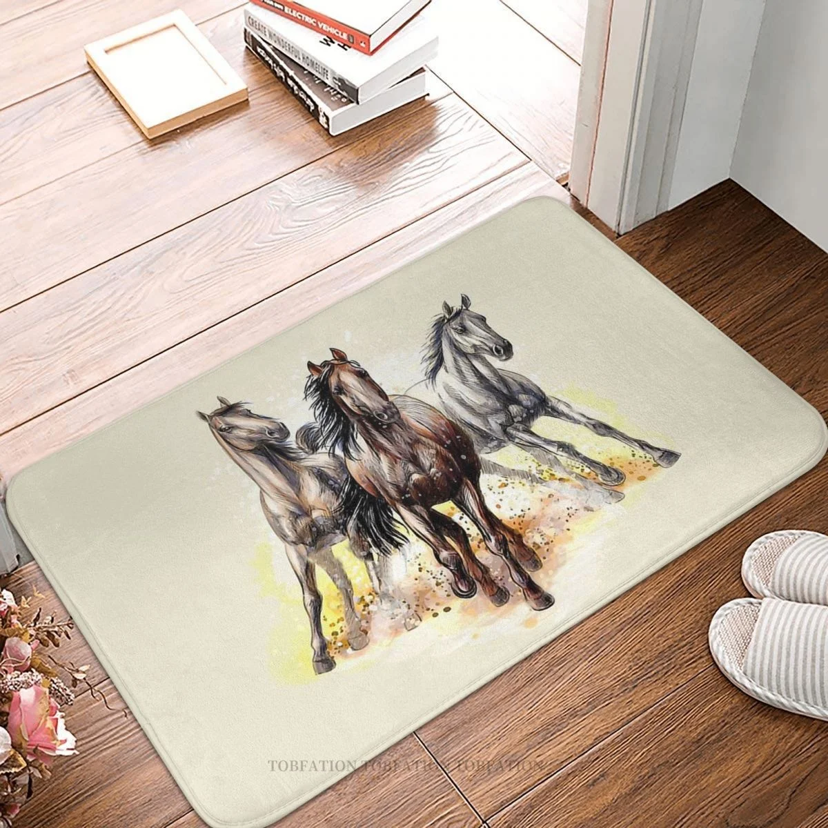 Galloping Horse Run Quickly Bathroom Mat Three Doormat Flannel Carpet Entrance Door Rug Home Decoration