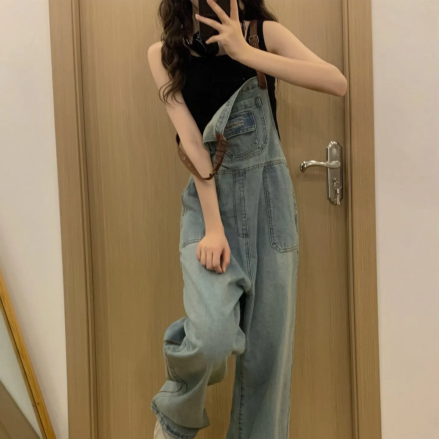 

Джинсовые комбинезоны с талией в стиле ретро, повседневные свободные женские комбинезоны из смеси хлопка и полиэстера, весенне-осенние комбинезоны с талией