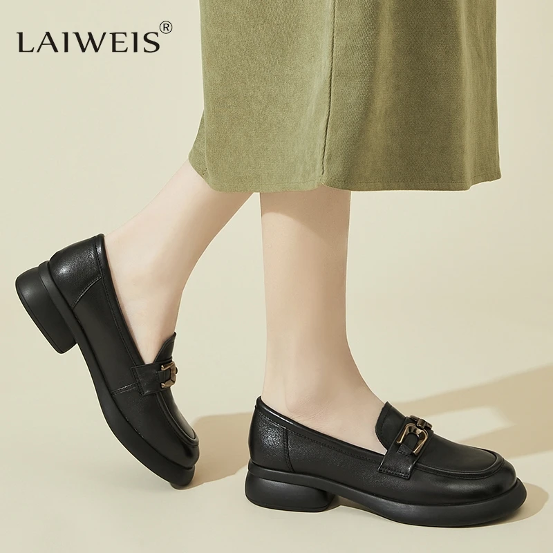 

Women's Leather Shoes 2024 Spring New Shallow Metal Chain Ladies Slip On Loafers 35-40 Soft Non-Slip Female Home Office Flats