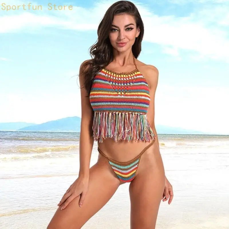 Women Summer Swimsuit Bra Halters Neck Top Crochet Crop Top Hollows Out Crop Top X7JD