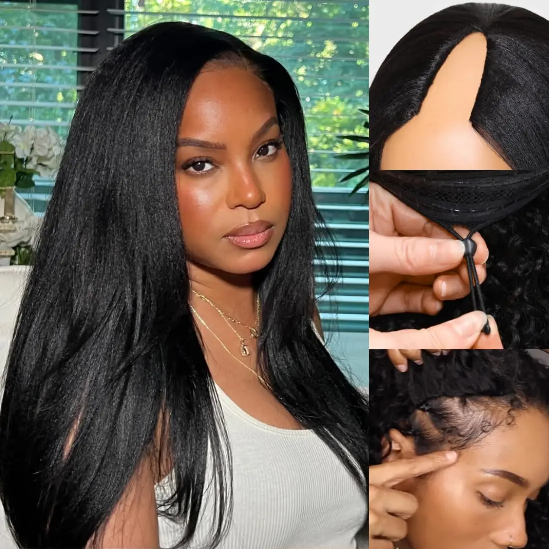 

38-дюймовый Kinky Straight V-образный парик из человеческих волос без остатков U-образной части Бразильские яки Прямые машинные парики из человеческих волос для женщин