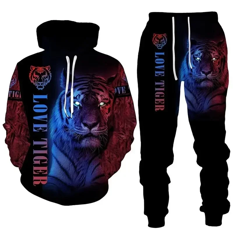 Conjunto de moletom e calças com capuz tigre para homens, roupas esportivas impressas com animais 3D, roupas masculinas, outono, novo, 2 peças, 2024