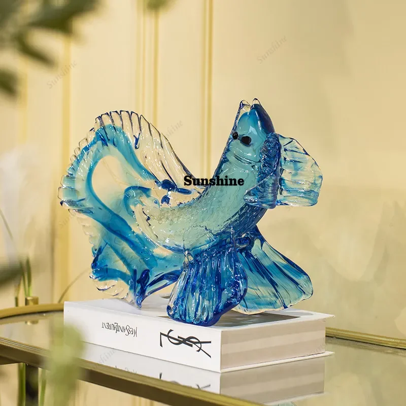 Modern glass gradual change blue fighting fish ornament high-end living room home decorationTJ