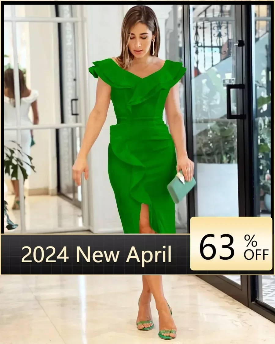 2022 ชุดสตรีฤดูร้อนเซ็กซี่Vคอเข่า-ความยาวชุดสุภาพสตรีRuffles Bodycon Slim Midi Club Vestidos