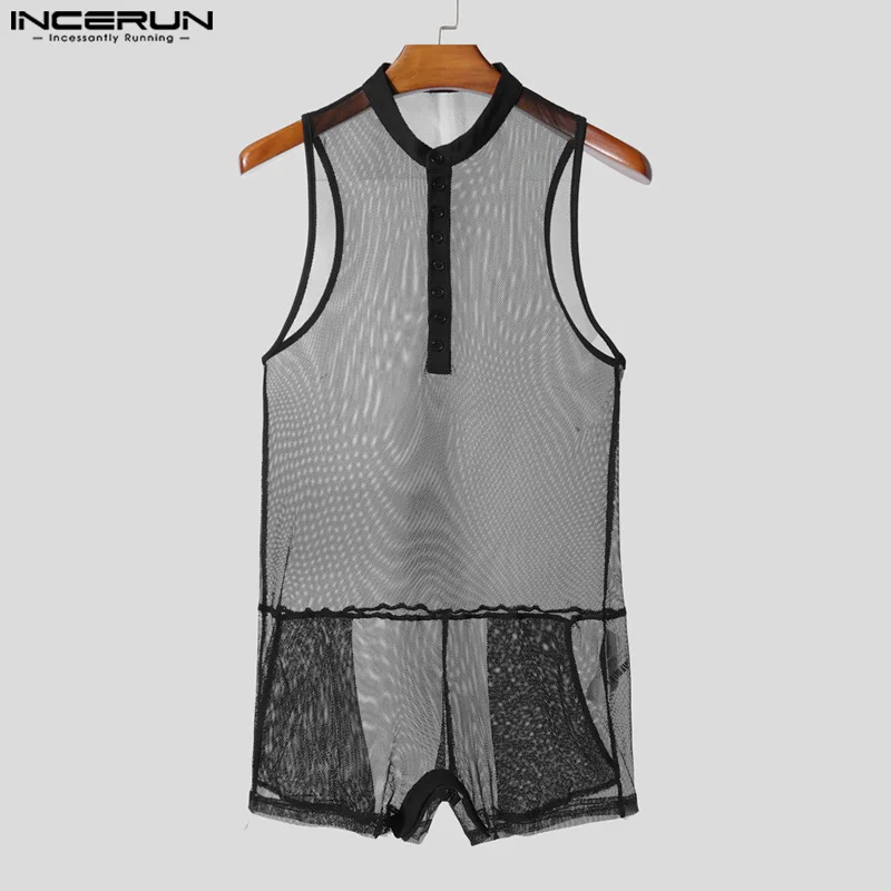 Incerun masculino bodysuits malha cor sólida ver através sexy o-pescoço sem mangas macacão verão 2025 playsuits moda masculina bodysuit