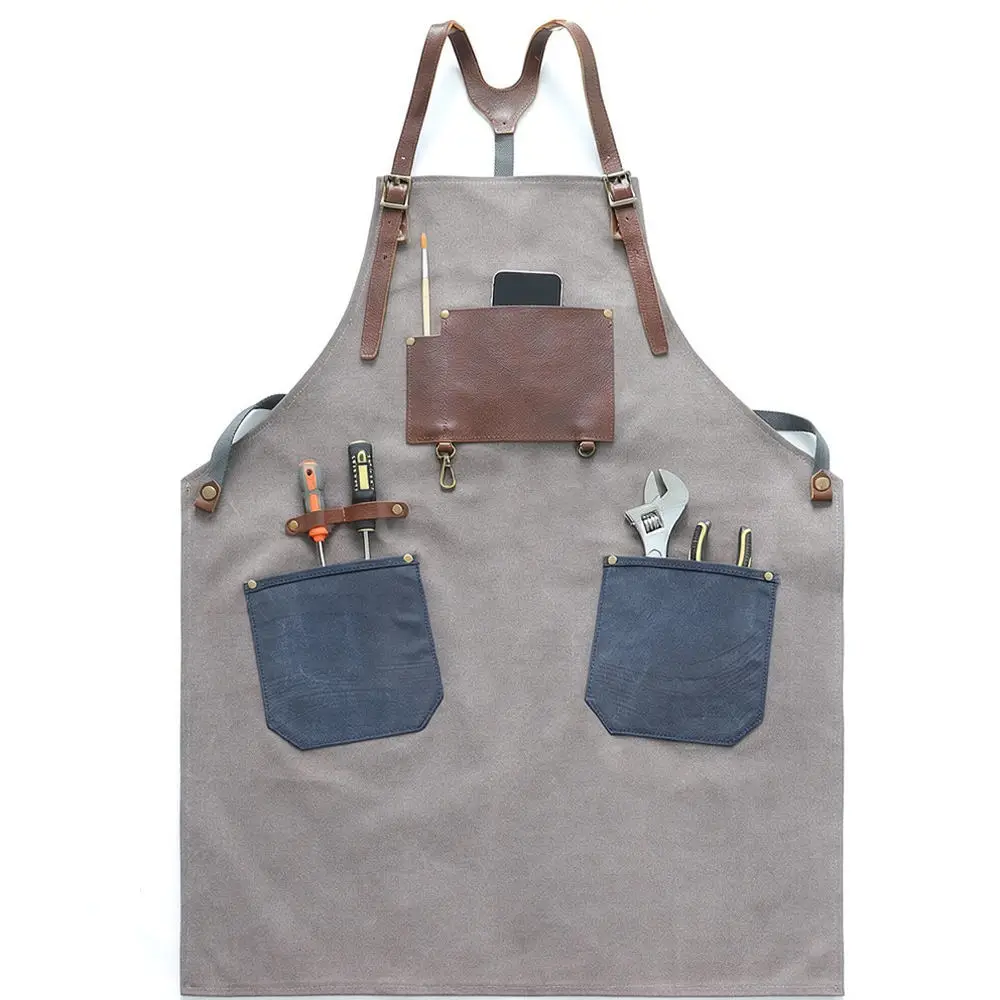 Adjustable Canvas Workwear Apron With Leather Storage Pockets Heavy Duty Bib For Carpentry Crafting Repair Cooking