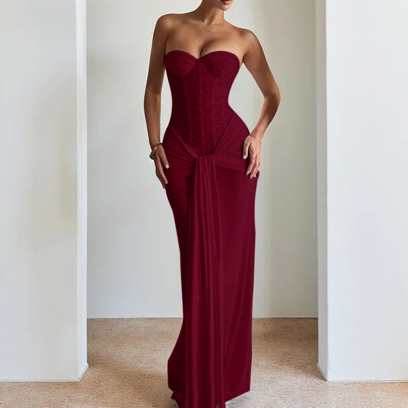 Abito da Sera per Donna, Lussuoso ed Elegante Vestito Lungo in Velluto Bianco con Paillettes, per Feste di Compleanno e Cocktail