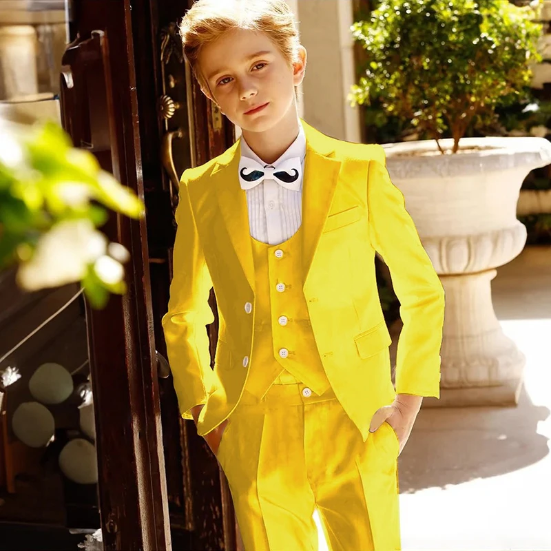 Boys' Bright Yellow Formal Suit Set with Three - Piece Design Long Sleeves Elegant and Playful Style Suit Set for Wedding