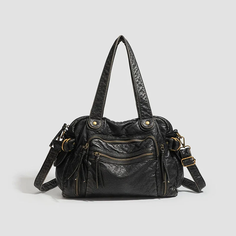 Retro Tote Bag Motorcycle Sac Soft PU Leather Large Capacity Shoulder Bag Y2K punk Multi Pocket Crossbody Bags Bolsos De Mujer