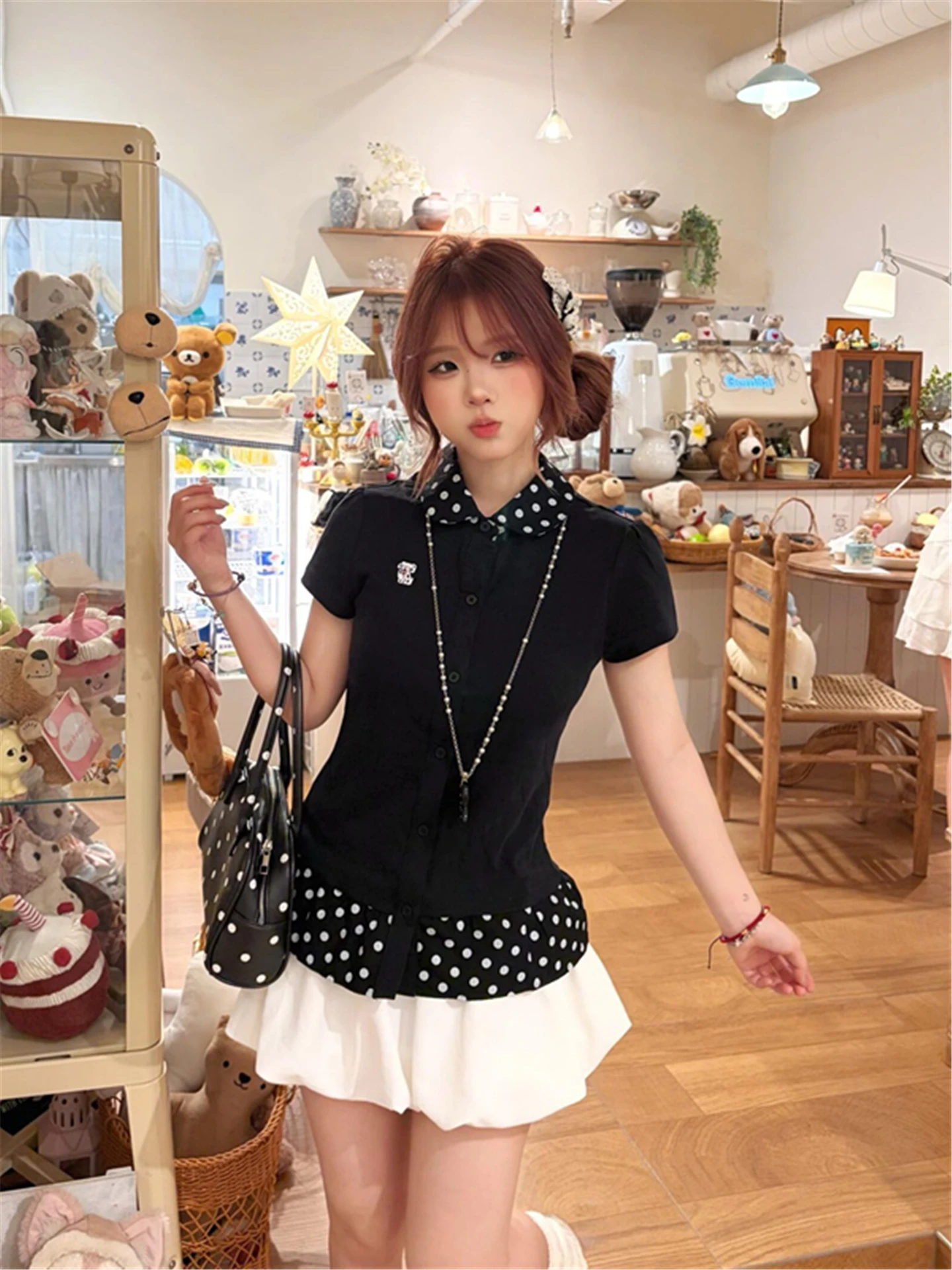 Black Polka Dot Short Sleeve T-Shirt Women's Summer Slim Fit  Shirt Shoulder Width Regular Length Doll Collar Top