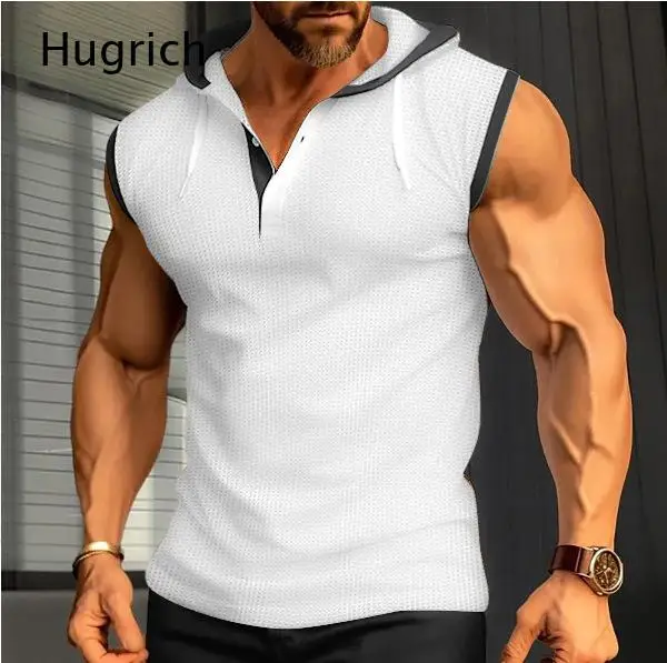 White Waffle Mesh Sleeveless Hooded Henley Tank Top Men Contrast Black Trim Drawstring Gym Workout Muscle Vest