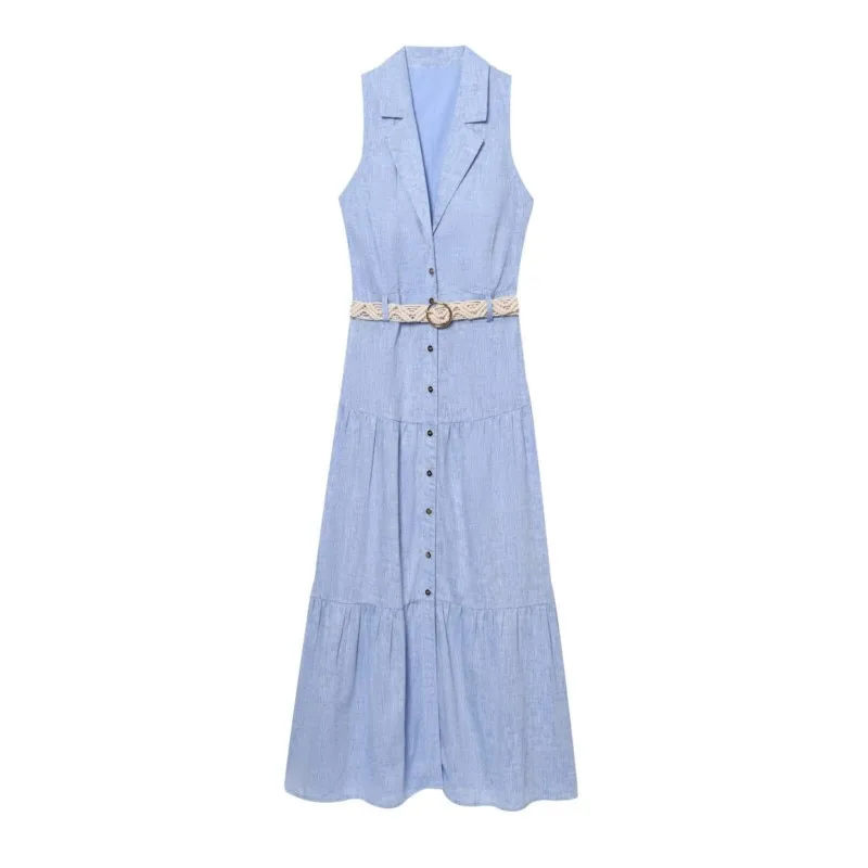 

Elegant Pleated Dresses Women 2025 New Summer Blue Single Breasted V-Neck With Belt Shirt Long Dress Holiday Slim Midi Dresses