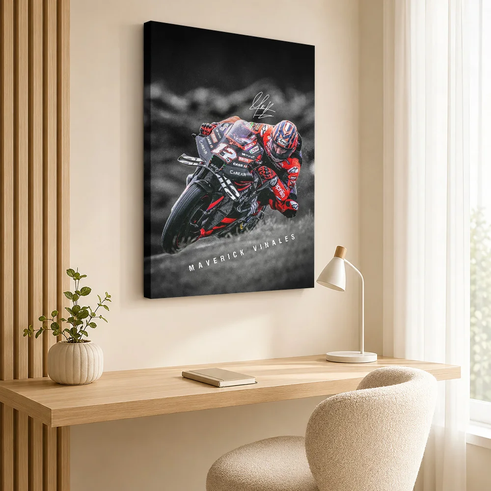 Maverick Vinales Motorcycle Racing Framed Canvas Print Poster Bold Style Wall Art With Customized Photo For Study Ideal Fan Gift
