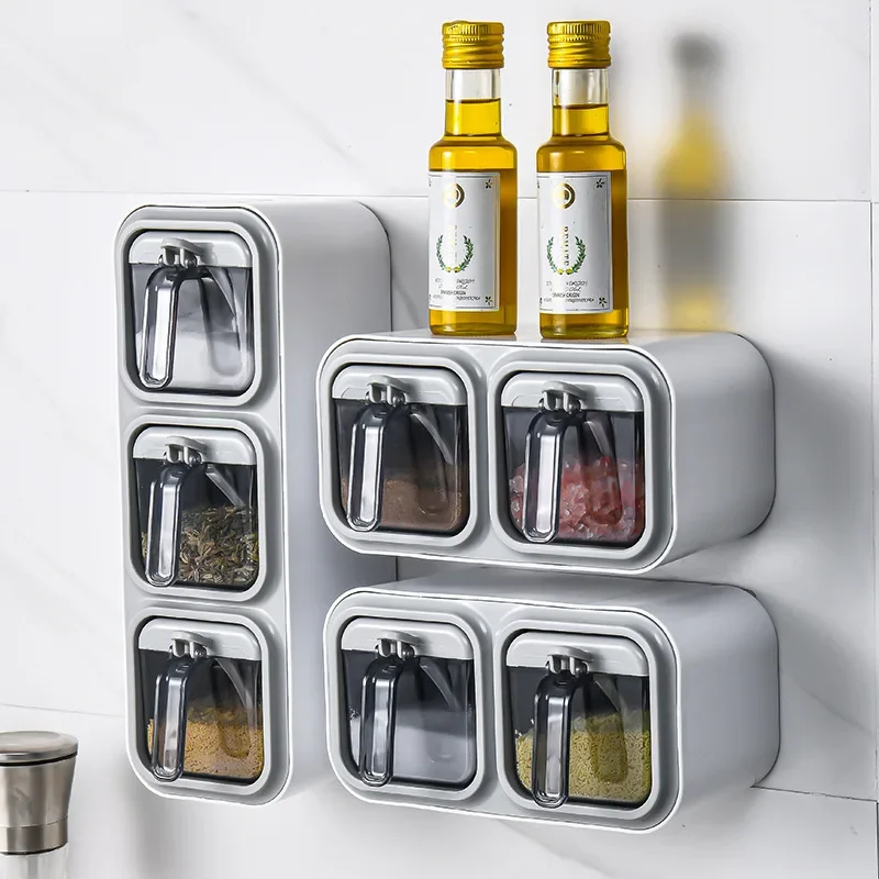 

Wall Mount Spice Organizer Sugar Bowl Salt Shaker Seasoning Container Kitchen Supplies Storage Set Spice Boxes