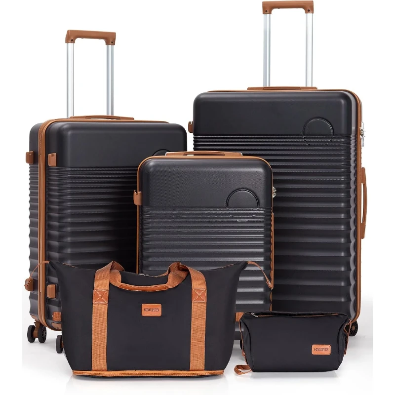 5 Piece Hardside Luggage Set ABS PC Spinner Suitcase TSA Lock 22x14x9 Airline Approved Carry On with Travel Bags