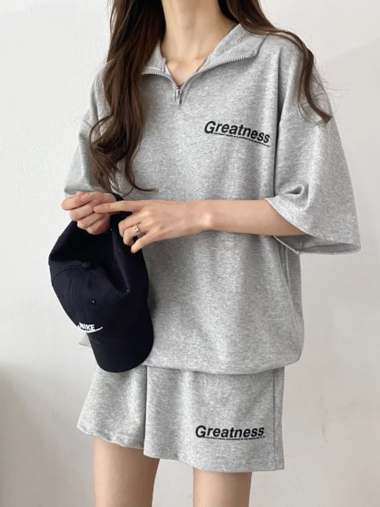 

Women Trendy Casual Clothes Set Loose Zipper Short Sleeeve Top and Shorts 2PCS Suit Summer Cotton Sportswear Outfits Streetwear