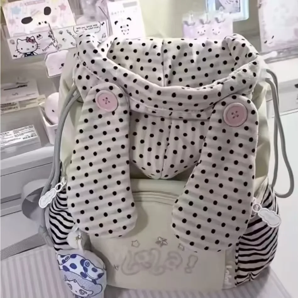 Cute Polka Dot Bunny Ear Drawstring Backpack Cartoon  Daily Backpackstudent School Bag Pendant