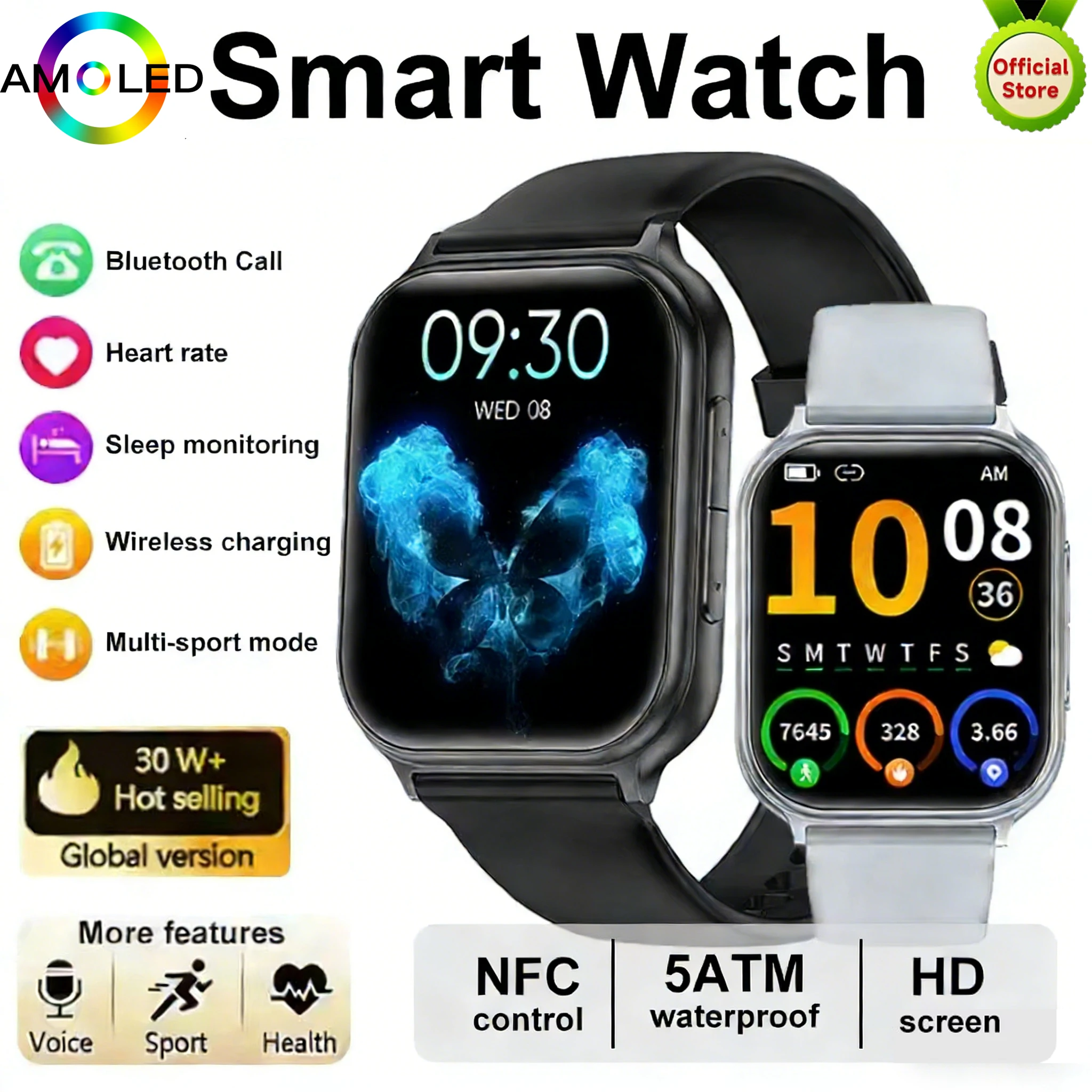 

Men Women New Sports Smart Watch 1.83" AMOLED Screen Bluetooth Call Information Reminder Health Smartwatch Heart Rate Monitoring