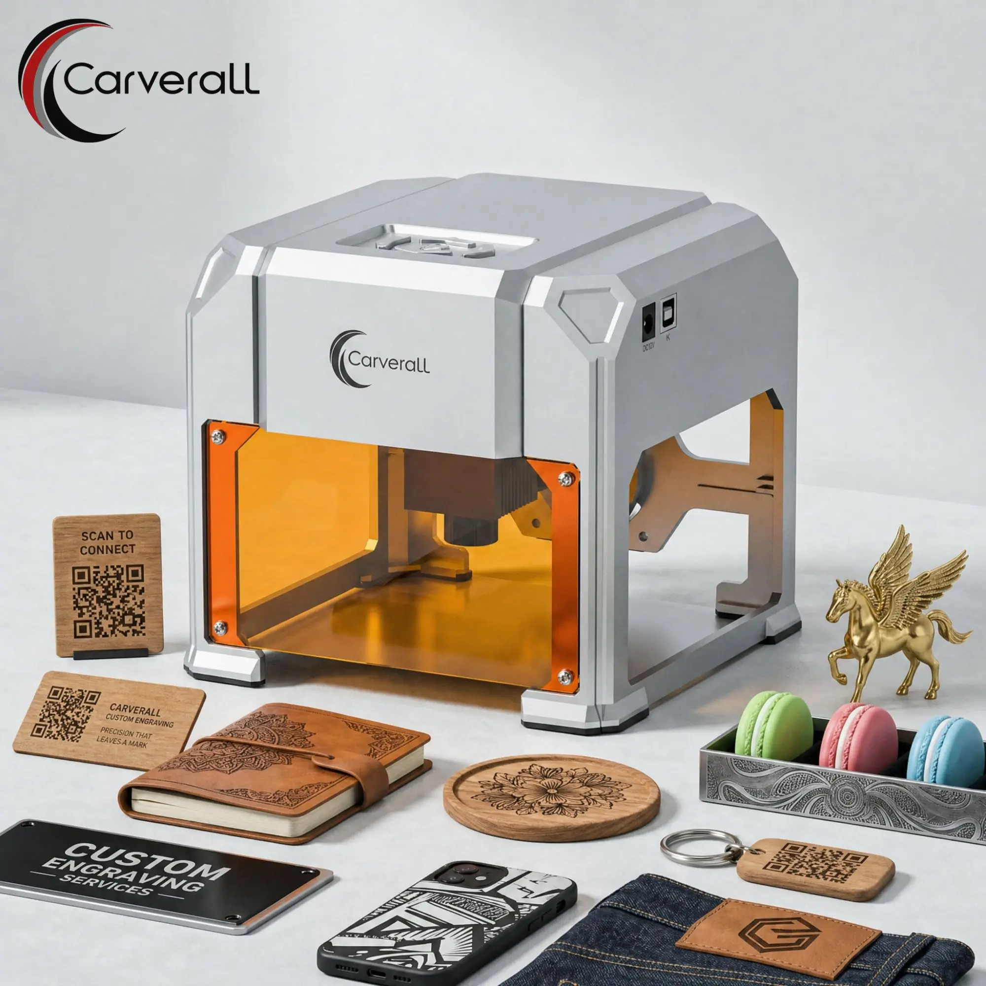 Carverall K4 3W Laser Engraver, Portable Mini Engraving Machine with WiFi App Control & USB, 80 x 80mm, Up to 0.01mm Precision, for Wood, Bamboo, Leather, Paper, Cardboard, DIY Gifts, Beginner Friendly