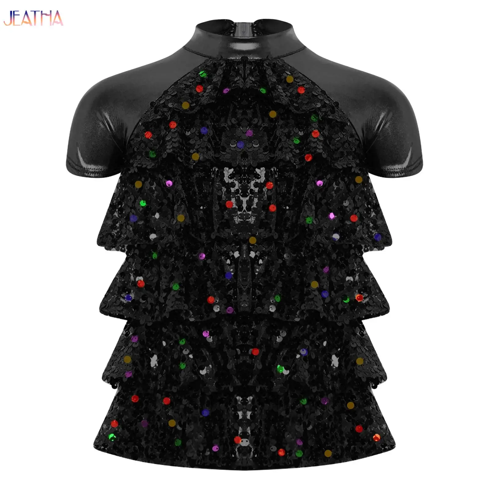 

Children's Dance T-shirt Kid Girls Shiny Sequins Mesh Tiered T Shirts Short Sleeve Tops for Dancing Party Hiphop Jazz Dance Top