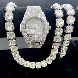 3PCS Iced Out Watch Bracelet Necklaces for Men Women Couple Gold Watch Link Chains Bling Bling Jewelry Set for Men Watches Reloj