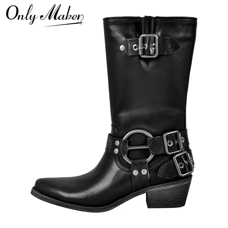

Onlymaker Women Pull on Metal Decor Buckle Low Block Heels Boots Wide Knee High Riding Cowgirl Harness Western Cowboy Boots