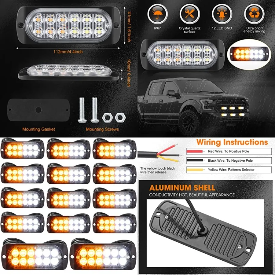 

14 Pcs 12 LED Strobe Lights for Tow Trucks Construction Vehicles Surface Mount Emergency Hazard Beacon Safety Warning Lamps Fla