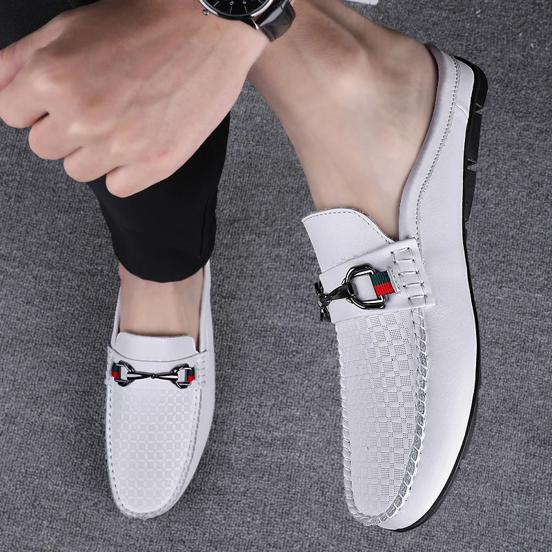 Sommer Atmungsaktive Schuhe Männer Fashion Echtes Leder Halb Schuhe Slip on Mokassins Casual Italienischen Stil Luxus Marke Halbe Müßiggänger