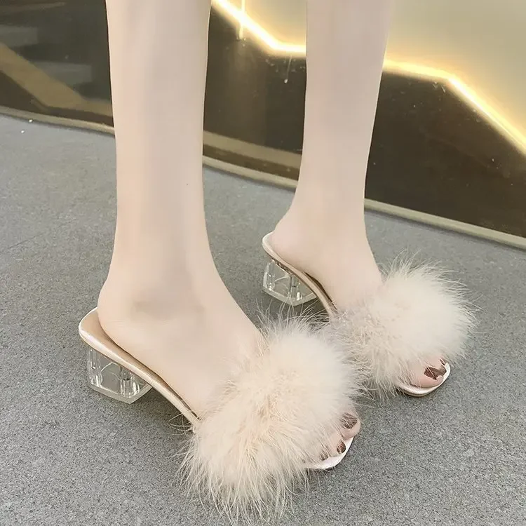 2023 Fluffy Peep Toe Sexy High Heels Women Shoes Fur Feather Lady Fashion Wedding Slip-On Pink Square Toe Women Sandals