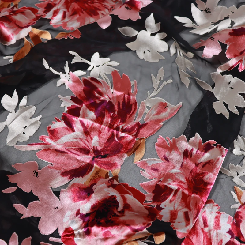 

Wide Black Background Flower Bright Silk Rotten Flower Silk Cheongsam Hanfu Dress Shirt Mulberry Silk Clothing Fabric Surface