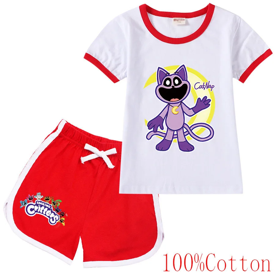 Cartoon Smiling Critters Catnap Boy Clothes Summer Pajamas Cotton Short Sleeve TShirt+Shorts Costume Girls Casual Sportswear Set