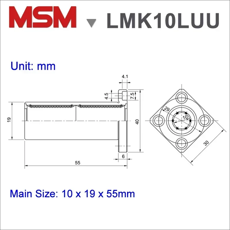 2pcs MSM Square Flange Linear Bearing LMK10LUU (dr10 D19 L55) 10mm Shaft Bushings 3D Printer Parts SMK10GWUU/LHFSW10