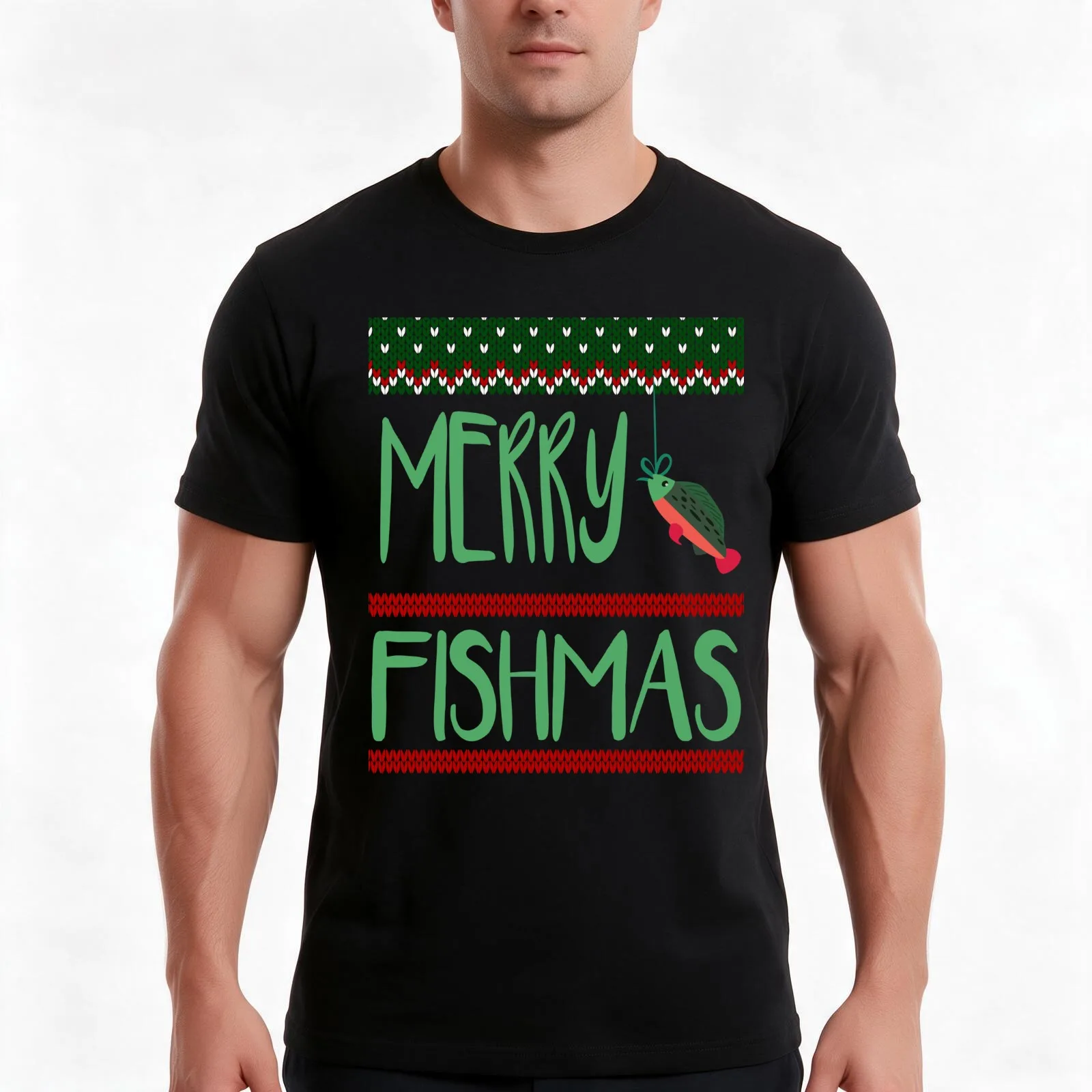 Fisherman Funny Christmas Pajama Merry Fishmas Ugly Fishing T-Shirt, Summer Casual Cotton Tee, Oversized Streetwear Tops