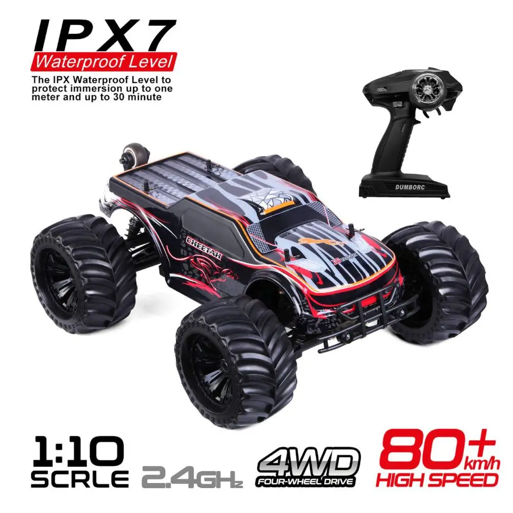 

JLB Racing Cheetah 11101 120A ESC brushless 1/10 scale 4WD remote control car with lift-up and flip stunts, top speed 80 km/h.