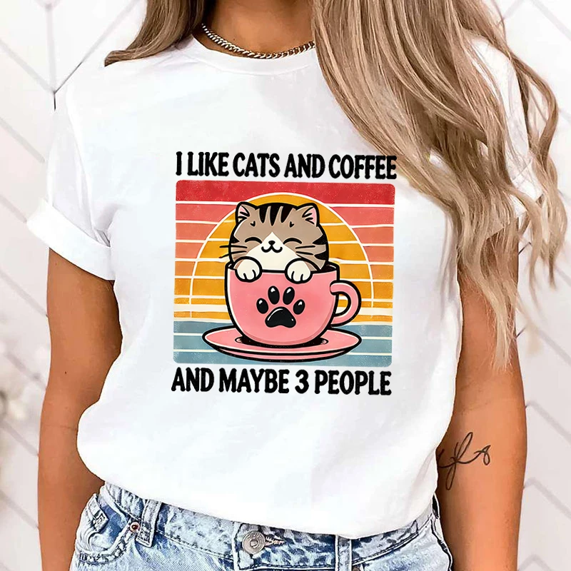القط أنا أحب القطط والقهوة وربما 3 أشخاص تي شيرت مطبوع النساء الرجال الصيف عادية كم قصير الجولة الرقبة بلايز موضة تي شيرت