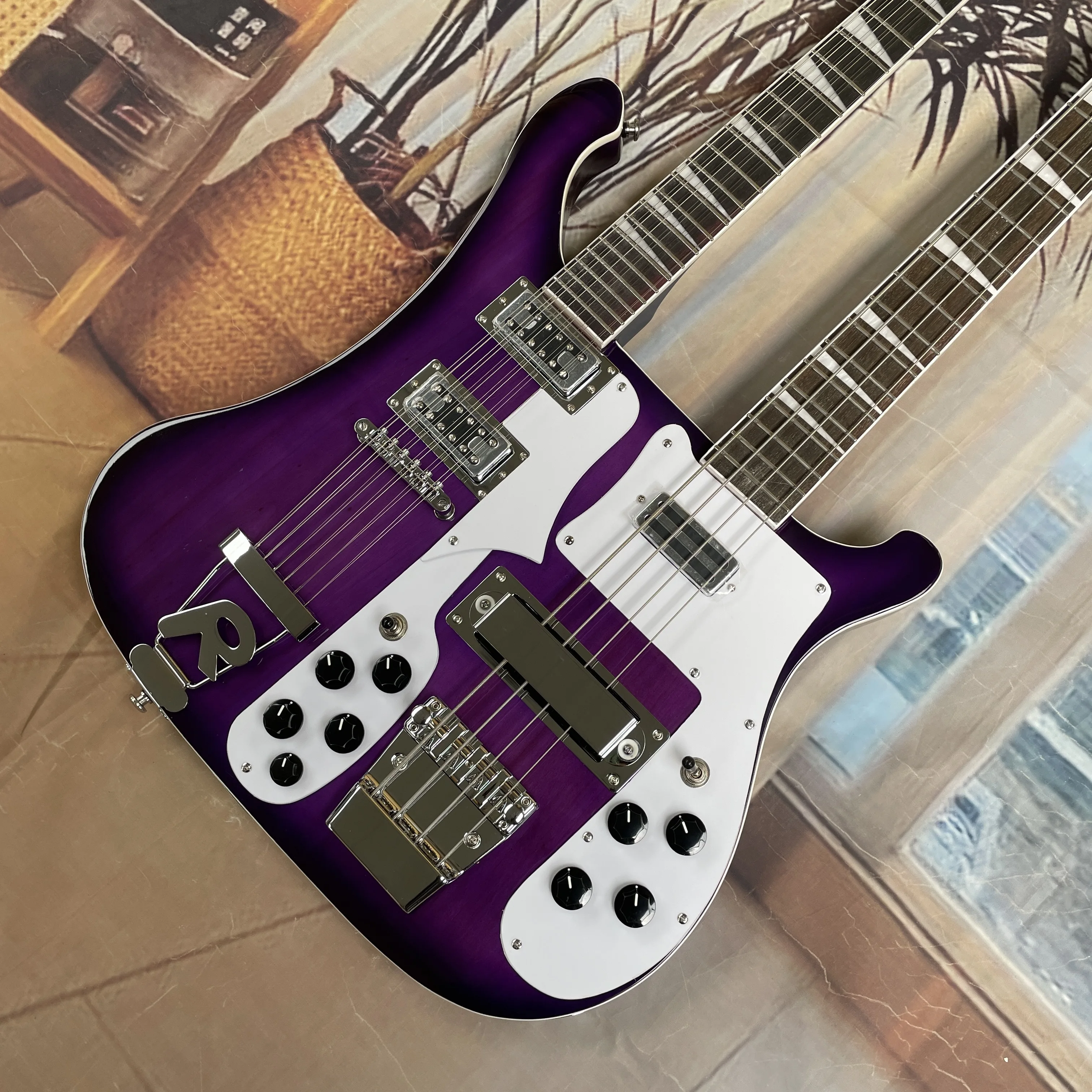 

Purple double-neck electric bass guitar,seamlessly switchable between 4-string bass 12-string guitars,rock performance guitarra