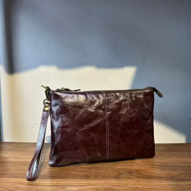 New Genuine Leather Men's Clutch Bag Minimalist Wristlet Handbag Business Casual Large Capacity Purse for Daily Travel Work
