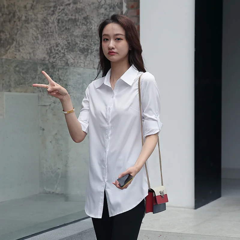 Mid Length Women Shirt Korean Fashion Womens Tops BF Sexy Shirt Long Sleeve Blouse Women Autumn Female Clothes White Shirt Women