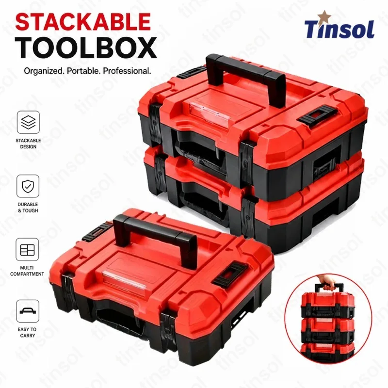 TINSOL 1 Pcs Stackable Hard Shell Tool Box Portable Multi Compartment Storage Case Hand Tool Organizer for Electrician Carpenter
