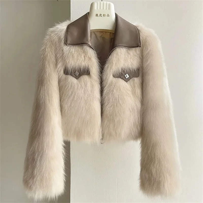 Women's Short Lapel Imitation Fox fur grass Coat 2025 Autumn Winter New Korean version Fashion Thicken Zipper Fur Coat Top