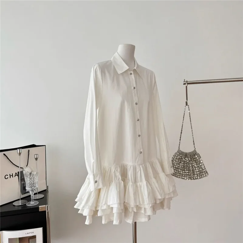 

Spring Autumn Shirt Dress Women 2025 New Fashion Loose Casual Temperament Skirt Button Pure Colour White Ball Gown Dress Female