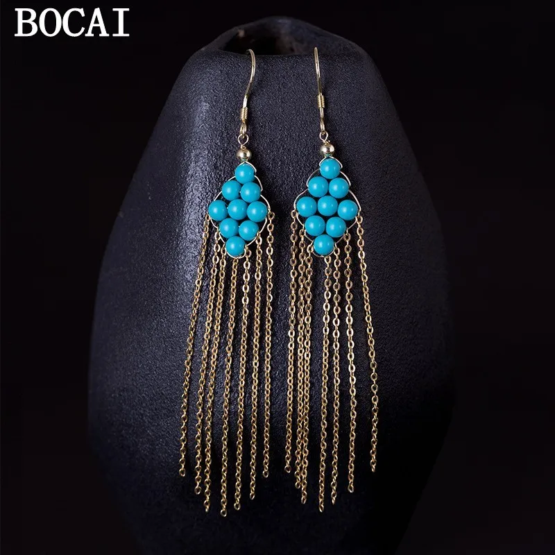 

BOCAI NEW S925 Silver Stylish Temperament Turquoise Tassel Mid Length Earrings